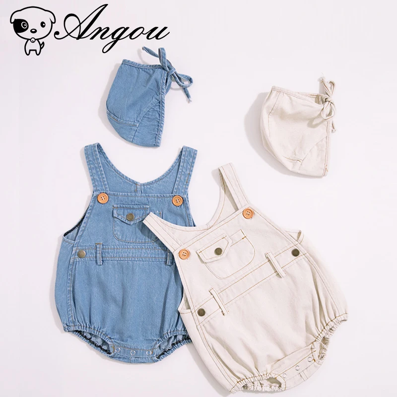 

Angou Newborn Boys Girls Straps Light Colour Jeans Cotton Triangle Outdoors Toddler Rompers Foreign Style Cute Hat 2 pieces Suit