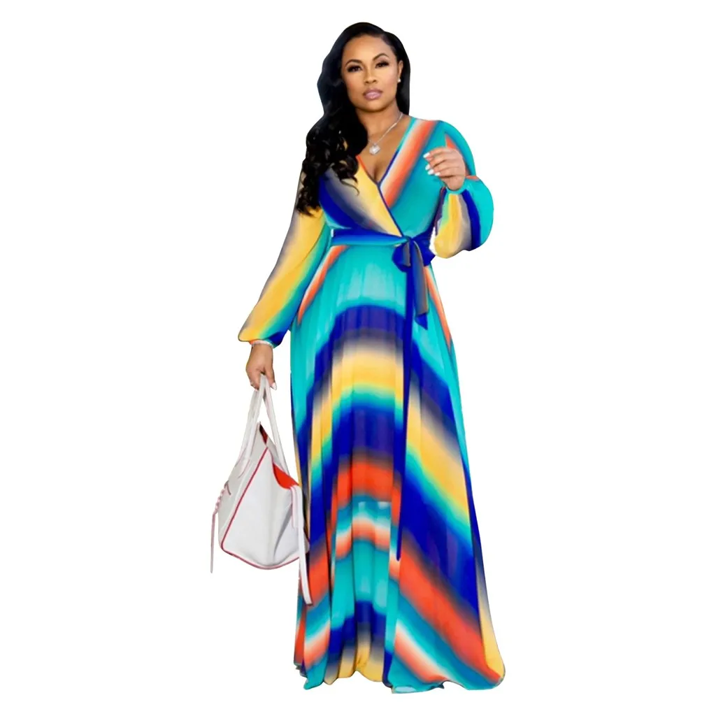 

Long V-Neck Multicolor Long Sleeved Leisure Dress Fashion Women Striped Rainbow Women's Dress Summer Dress with Belt