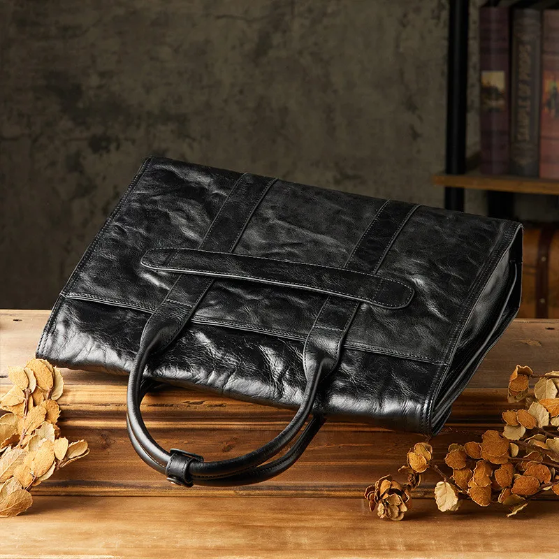 Vintage Fashion Designer Natural genuine Leather Men Black Pleated handmade Handbag Teen Office 14 Inch Laptop lawyer Briefcase