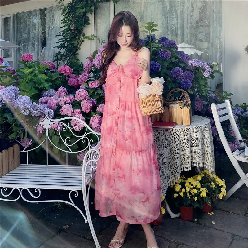 

Summer Floral Strap Dress Women 2022 Elegant Pink Backless Long Formal Slip Dresses for Wedding Guest Bridesmaid Birthday Prom