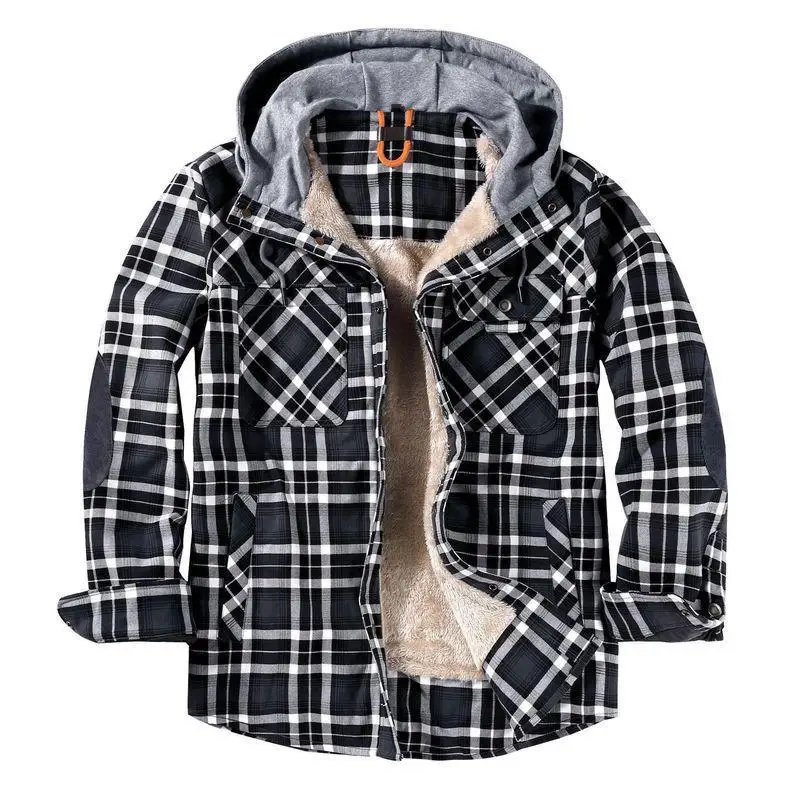 Mens Fashion European Size Plaid Plus Velvet Large Size Thermal Shirt Jacket Winter Stitching Contrast Color Hooded Cotton Coat