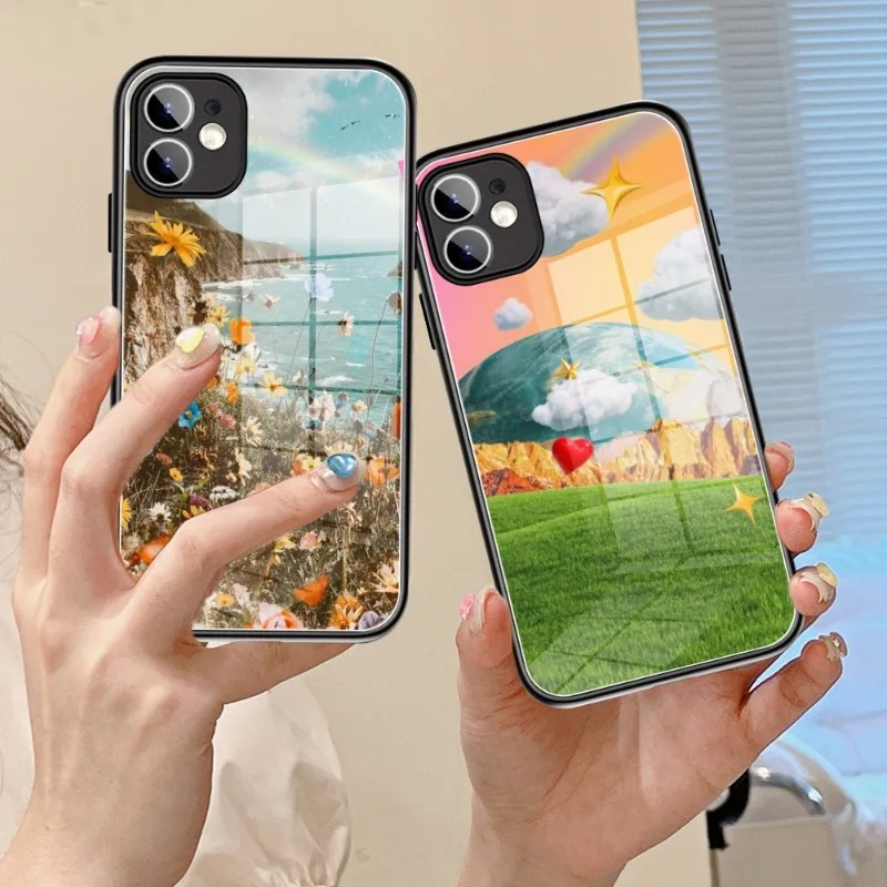 

INS Korean Dream HelloFuture Phone Case Glass 14 13 11 12 Pro 8 7 Plus X 13 Pro MAX XR XS MINI Black Covers