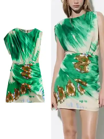 Summer Women Printed Short Dress 2023 New Round Neck A-Line Pleated Decoration Sheath Vintage Asymmetric Sleeves Mini Dress