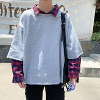 fake two spliced plaid print long sleeve men sweatshirt korean fashion loose students all match casual vintage oversized t shirt