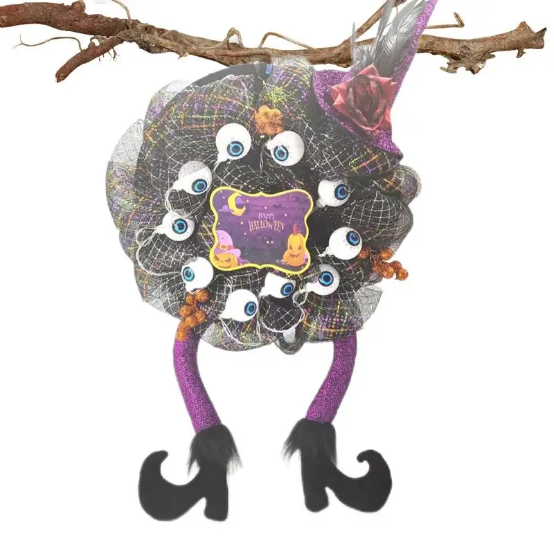 

Halloween Door Wreath LED Purple Halloween Wreath With Witch Hat Leg Halloween Party Decor For Wall Fireplace And Living Room