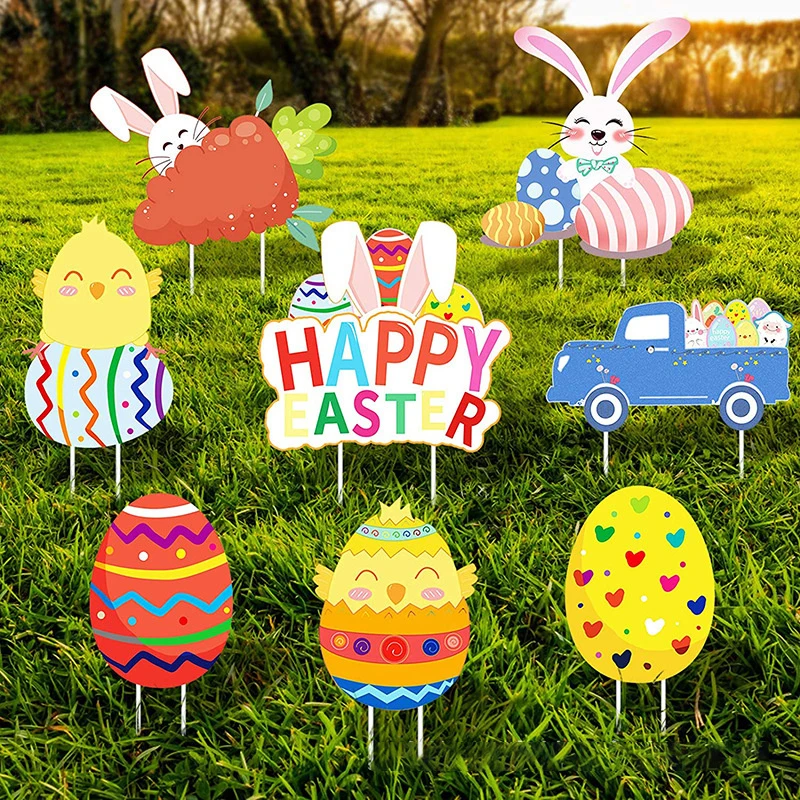 

8pcs Easter Bunny Egg Yard Pile Sign Easter Lawn Yard Decoration Party Props 2022 NEW