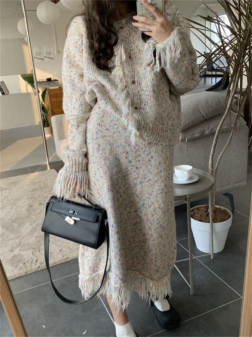 

HziriP New Years Women Knitted Suits Tassel Sweet Loose Sweaters Cardigans Chic Elegant Hot OL High Waist Slim Long Skirts Sets