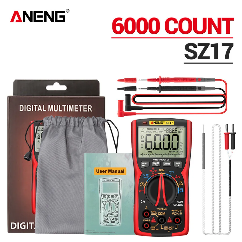Aneng Sz17 Multímetro Digital 6000 Contagens Rms Verdadeiro dc ac Tensão Atual Tester Voltímetro Transistor Capacitor Medidor de Resistência
