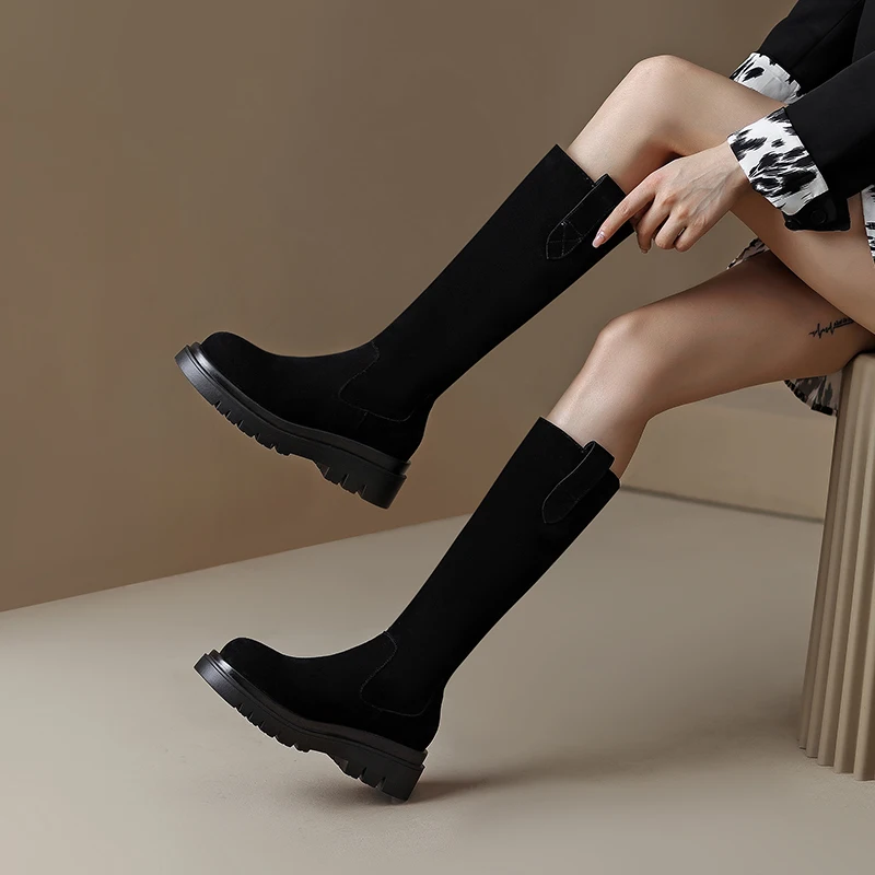 

New Genuine Leather Knee High Boots Women Thick Med Heels Winter Shoes Woman Boots Cool Ladies Footwear