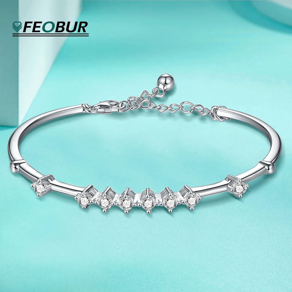 

925 Sterling Silver Bangles for Women D Color VVS1 3MM Round Cut Moissanite Diamond Fashion Cuff Bracelet With Adjustable Chain