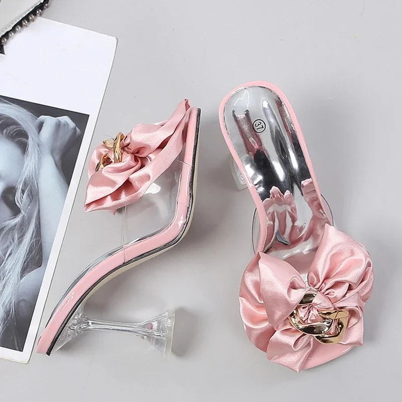 

Женские прозрачные шлепанцы, розовые дизайнерские сандалии с бантом-бабочкой, на прозрачном каблуке, размер 46, летняя обувь, 2023