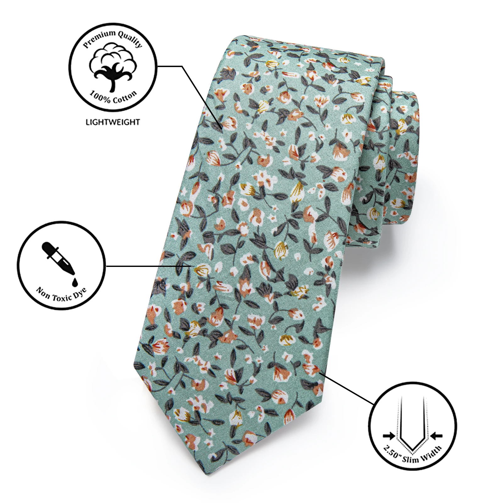 Свежий зеленый мужской тонкий галстук с оранжевым цветочным принтом Новый