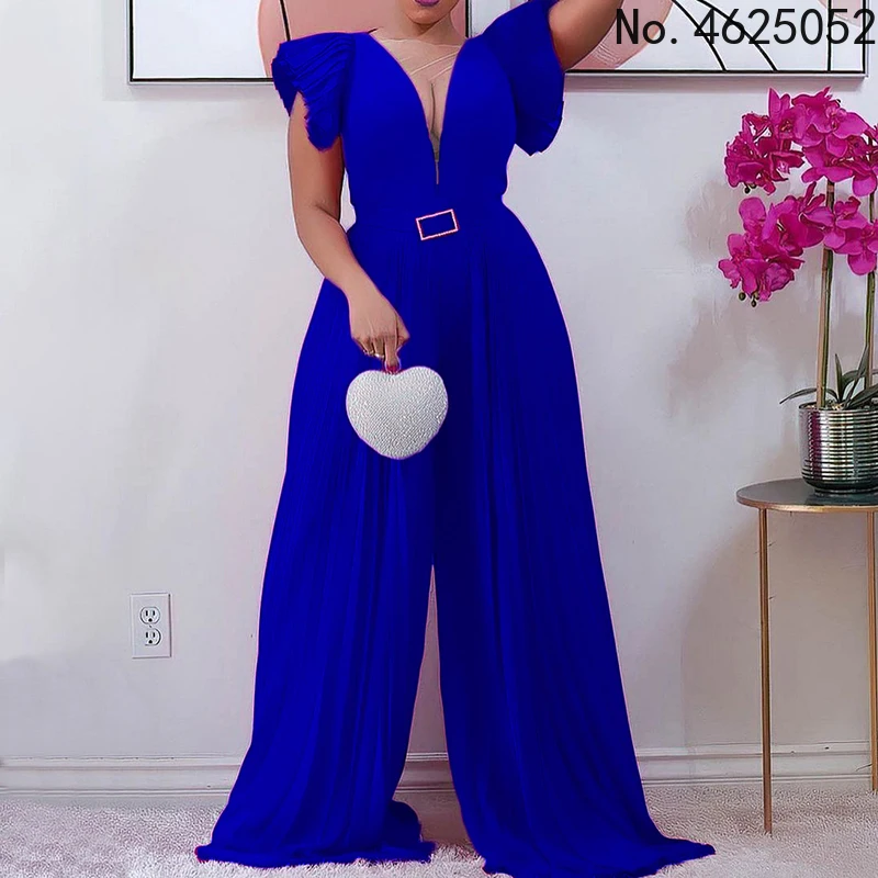 

New Sleeveless Long Jumpsuit Women's Summer V-Neck Sheer Mesh Paneled Pleats Wide Leg Playsuit Party African Dresses For Women