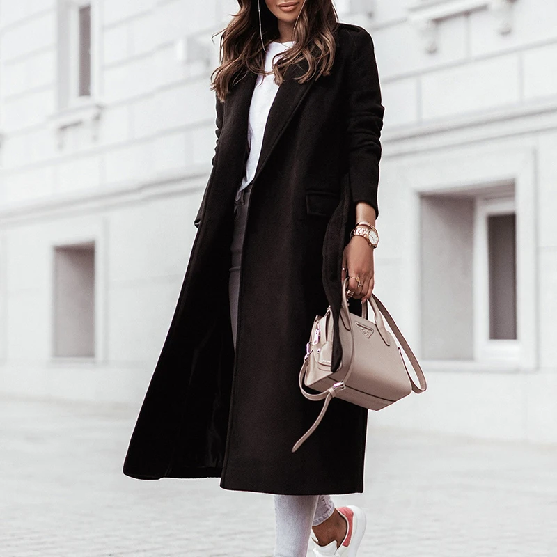 

2022 New Autumn/Winter Simple Fashion Coats Long Sleeve V-neck Strap Woolen Coat Casual Women Warm Coats Long For Female