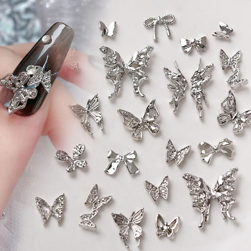 

10/50pcs Miexd Vinage Alloy Butterfly Nail Charms 3D Silver Metal Bow Nail Jewelry Luxury Flatback Nai Art Butterfly Ribbon Gems