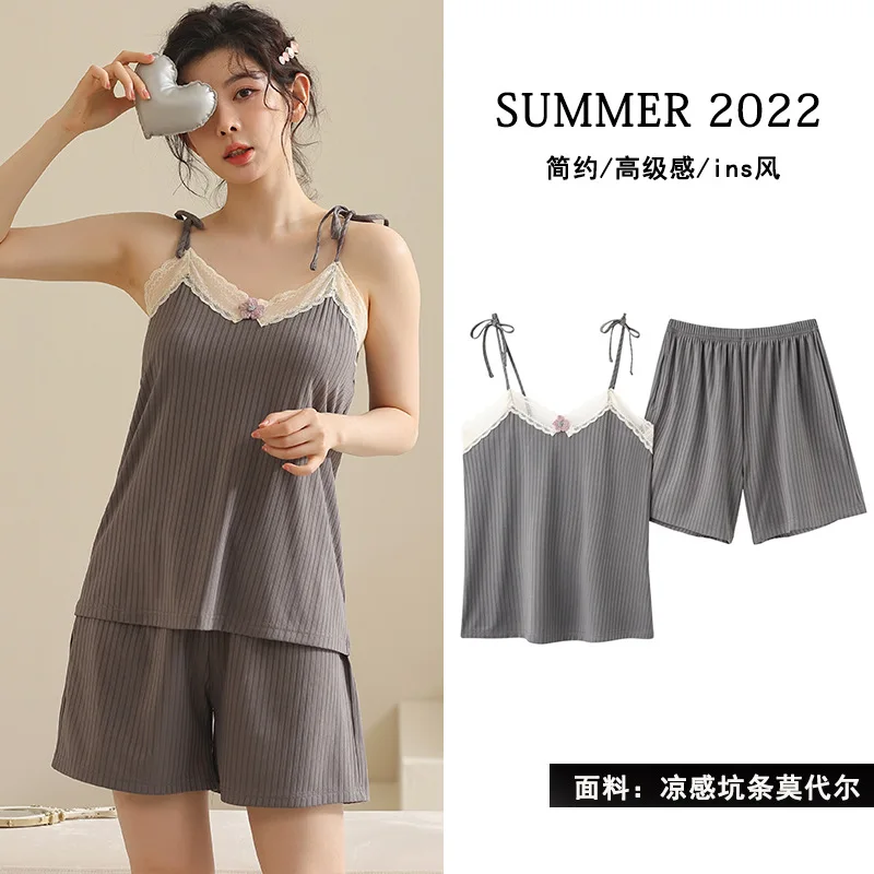 

Women's Pajamas Summer Suspenders Modal Simple Student Thin Ice Silk Shorts Vest Lace Sexy 2 Piece Set Women Home Suit for Women
