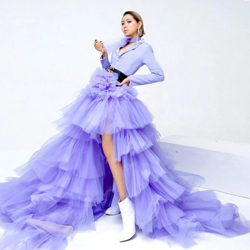 

Lavender Satin And Tulle Prom Dresses V Neck Long Sleeves Tiered High Low Evening Gowns Sweep Train Formal Party Dress