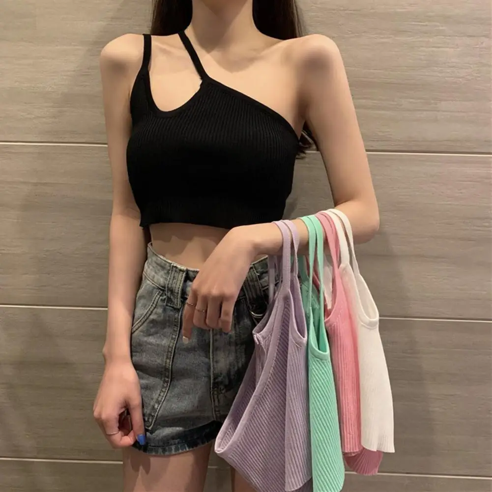

Charming Women One Shoulder Skew Collar Knitted Crop Top Camisole Vest Bottoming Breathable