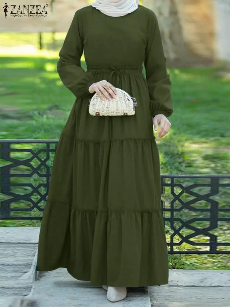 

Мусульманские платья для женщин, индейка, кафтан ZANZEA, Осенний длинный рукав, Макси Сарафан, модные однотонные праздничные платья на шнуровке
