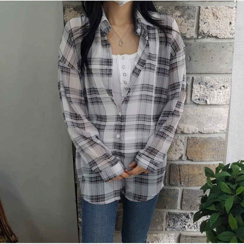 

I imagine more than that, women's check southern box fit season check shirt see-through layer look cool shirt