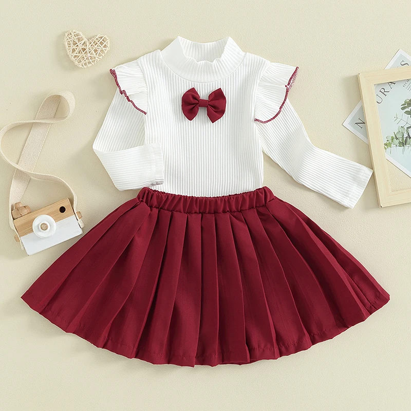 

Autumn Girl Clothes Children Clothing Fall Outfits Baby Bowknot Long Fly Sleeve Ribbed Tops Pleated Skirts Set Toddler Clothes