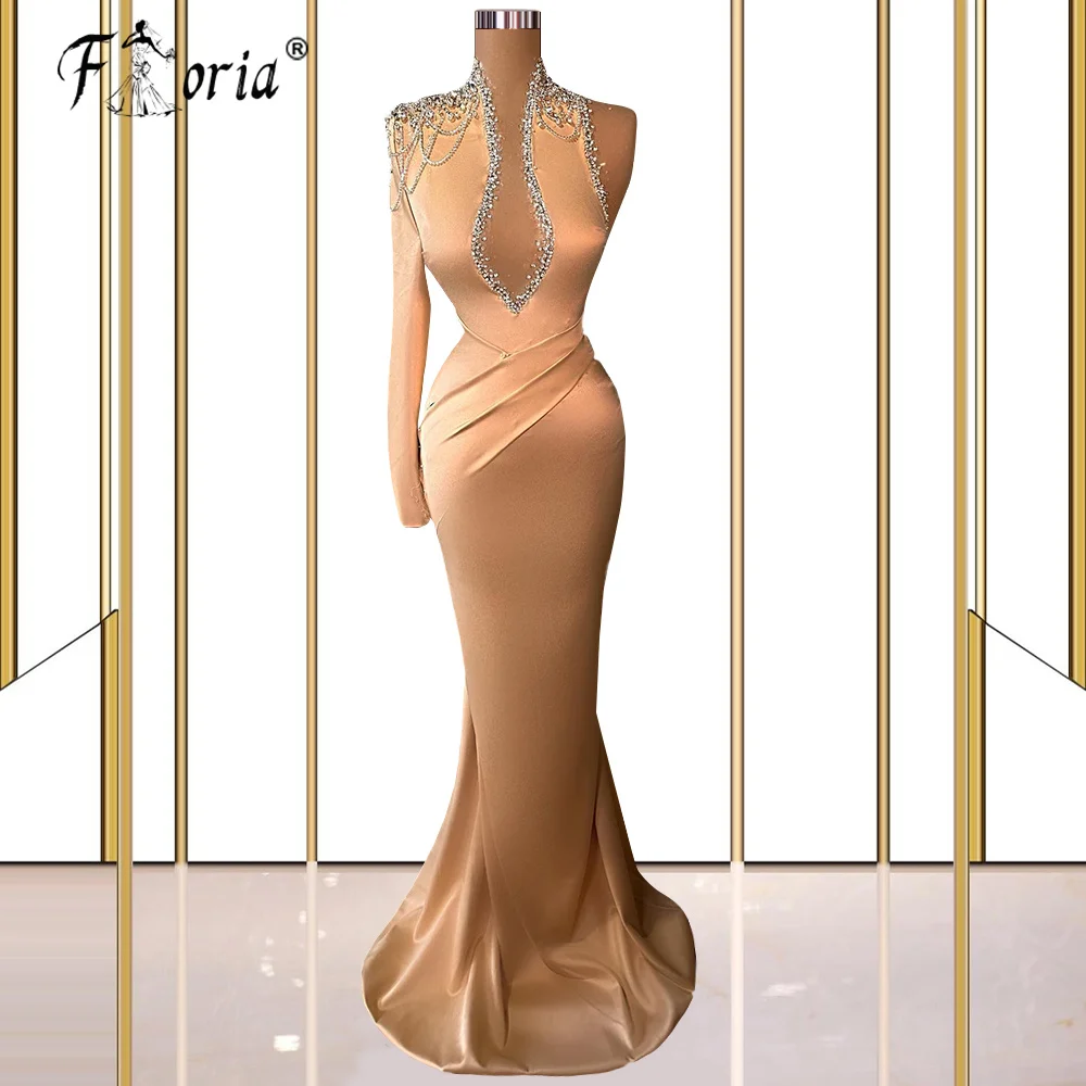 

2022 Gorgeous Champagne Evening Dresses Crystal Beading Mermaid One Shoulder Long Sleeve Formal Party Prom Gowns Satin Celebrity