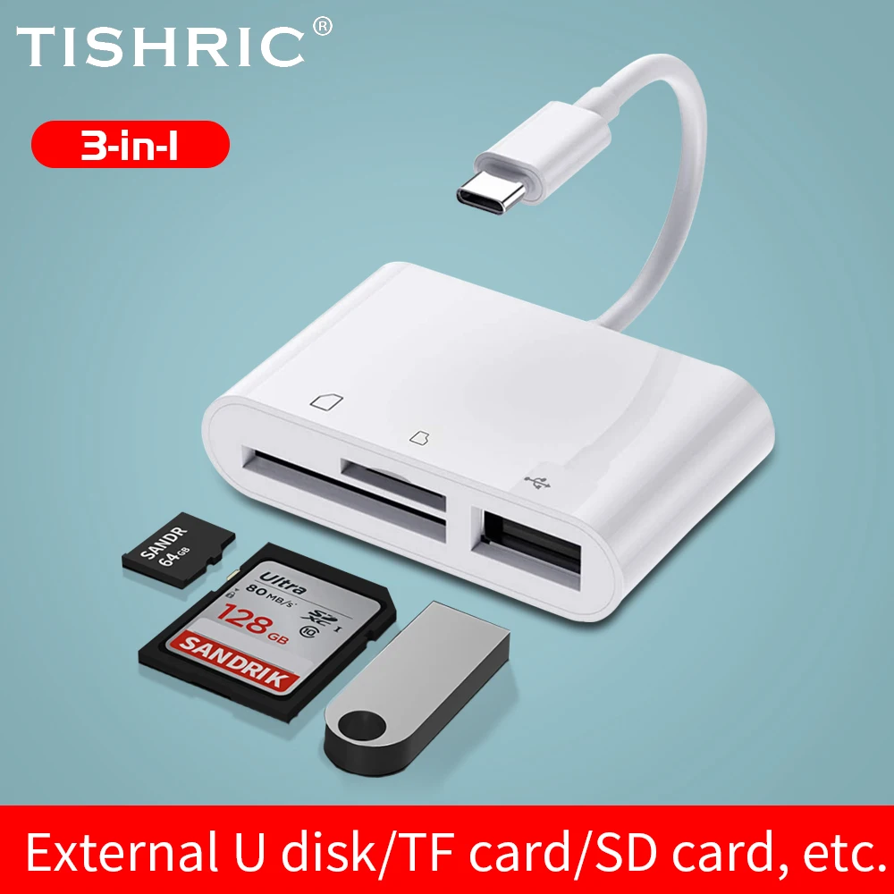 

Устройство для чтения карт памяти TISHRIC, устройство 3 в 1 с USB Type-C на TF, SD, USB, кардридер для флэш-накопителей, адаптер для портов Macbook Type-C