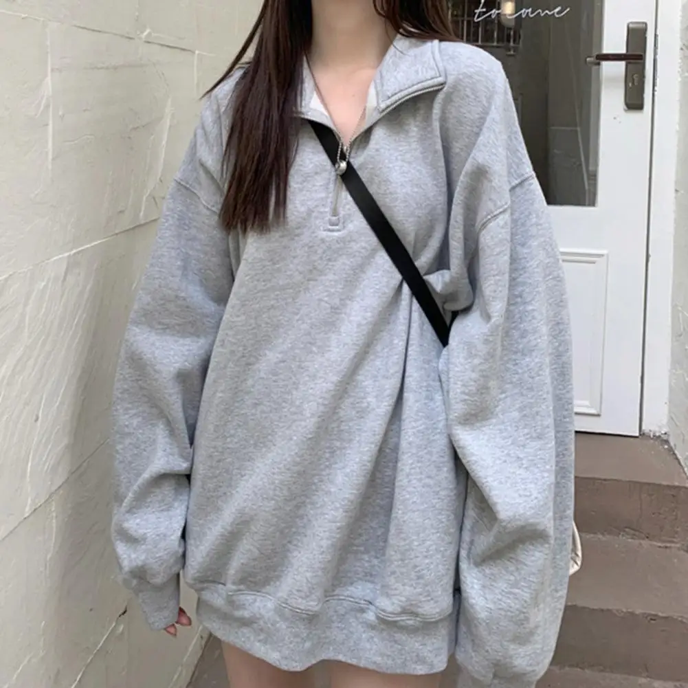 

Zipper V-Neck Sweatshirt Turn-Down Collar Mid-length Pullover Autumn Solid Color Long Sleeve Gray Sweatshirt Jumper sudaderas