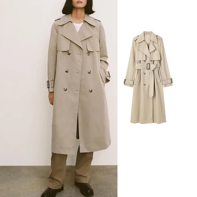 

Тренчкот женский осенний двубортный с длинным рукавом и поясом