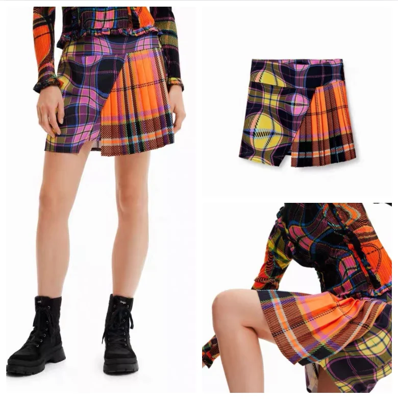 

Foreign Trade Spain Desigual Women's Half Skirt Color Contrast Plaid Mini Sexy Fashion Short Skirt National Style