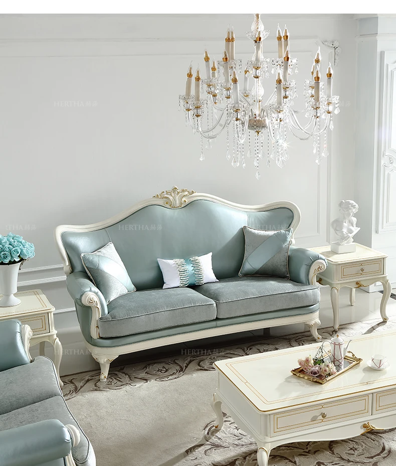 French pastoral style simple European-style small apartment fresh and romantic solid wood old gold-painted leather sofa