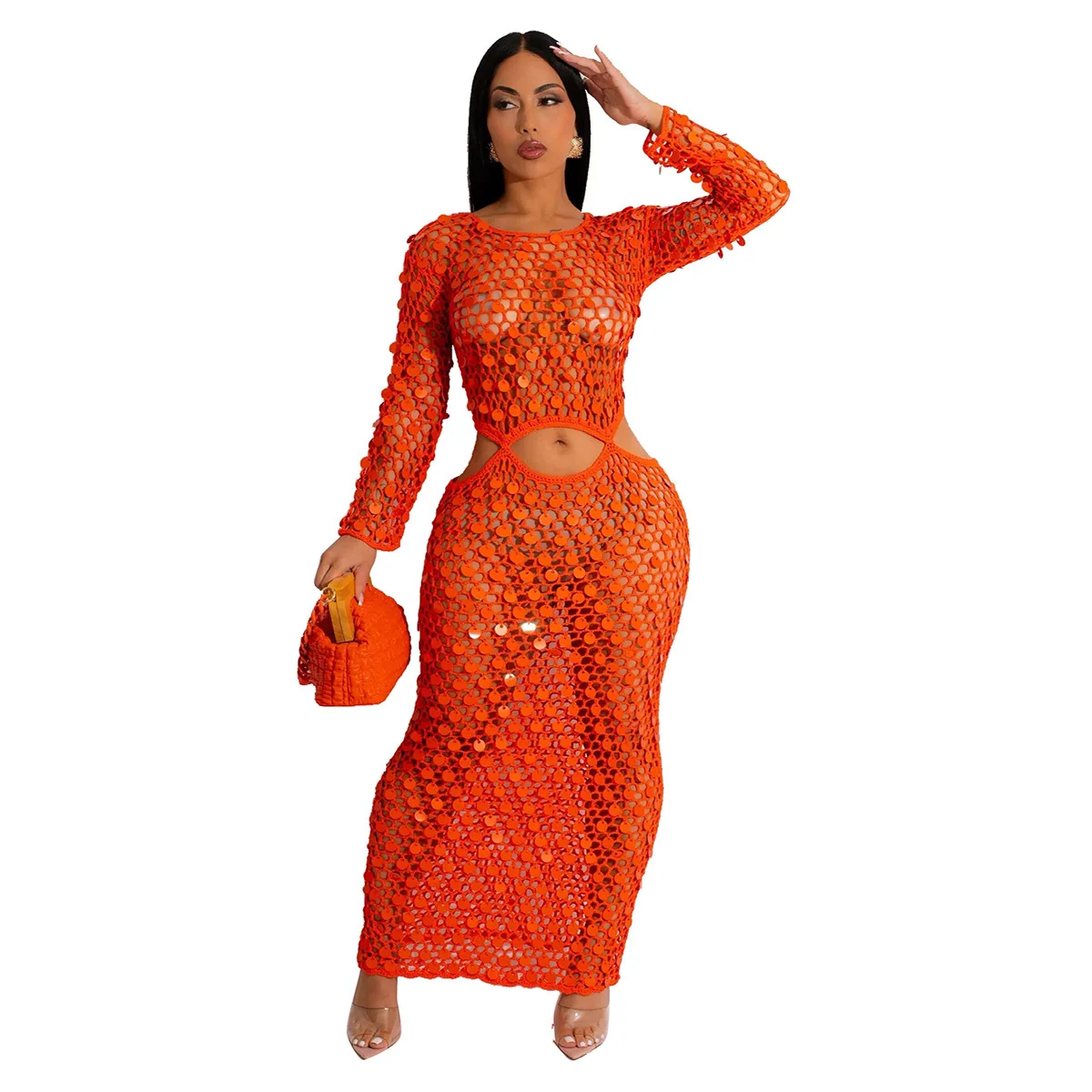 

2023 Summer Sexy Shinny Sequined Knitted Long Dress Women Elegant Hollow Out See Through Club Beach Cover Maxi Dresses Y2K Robe