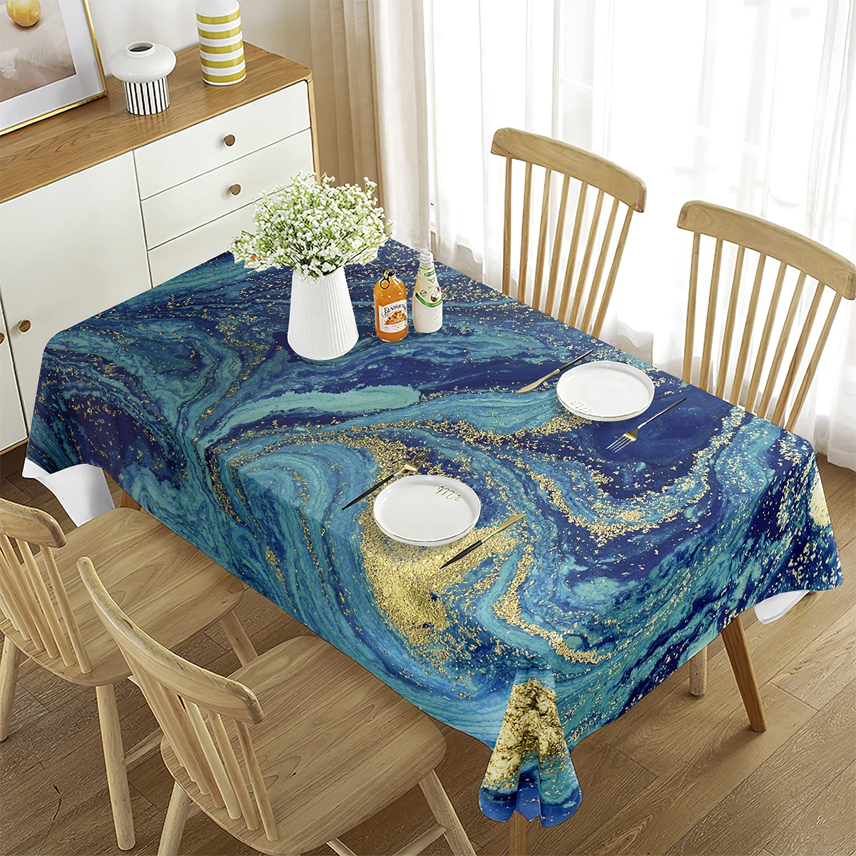 Мраморная синяя скатерть каменная волнистая текстура жидкая краска Золотая