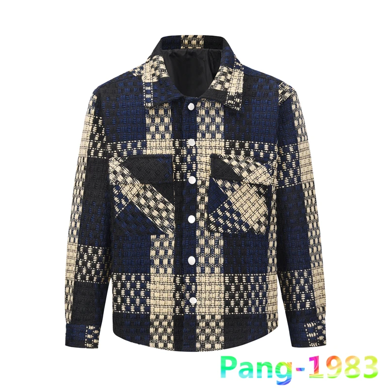 

Autumn Men Jackets Coat Streetwear High Street Fashion Vintage Woolen Plaid Knitting Winter Jacket Contrast Casual Male Coats