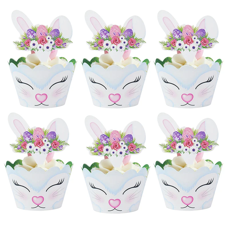 

24pcs/Set Lovely Rabbit Cupcake Wrapper Easter Bunny Cake Topper for Baby Shower Kids Birthday Easter Party Cake Decoration