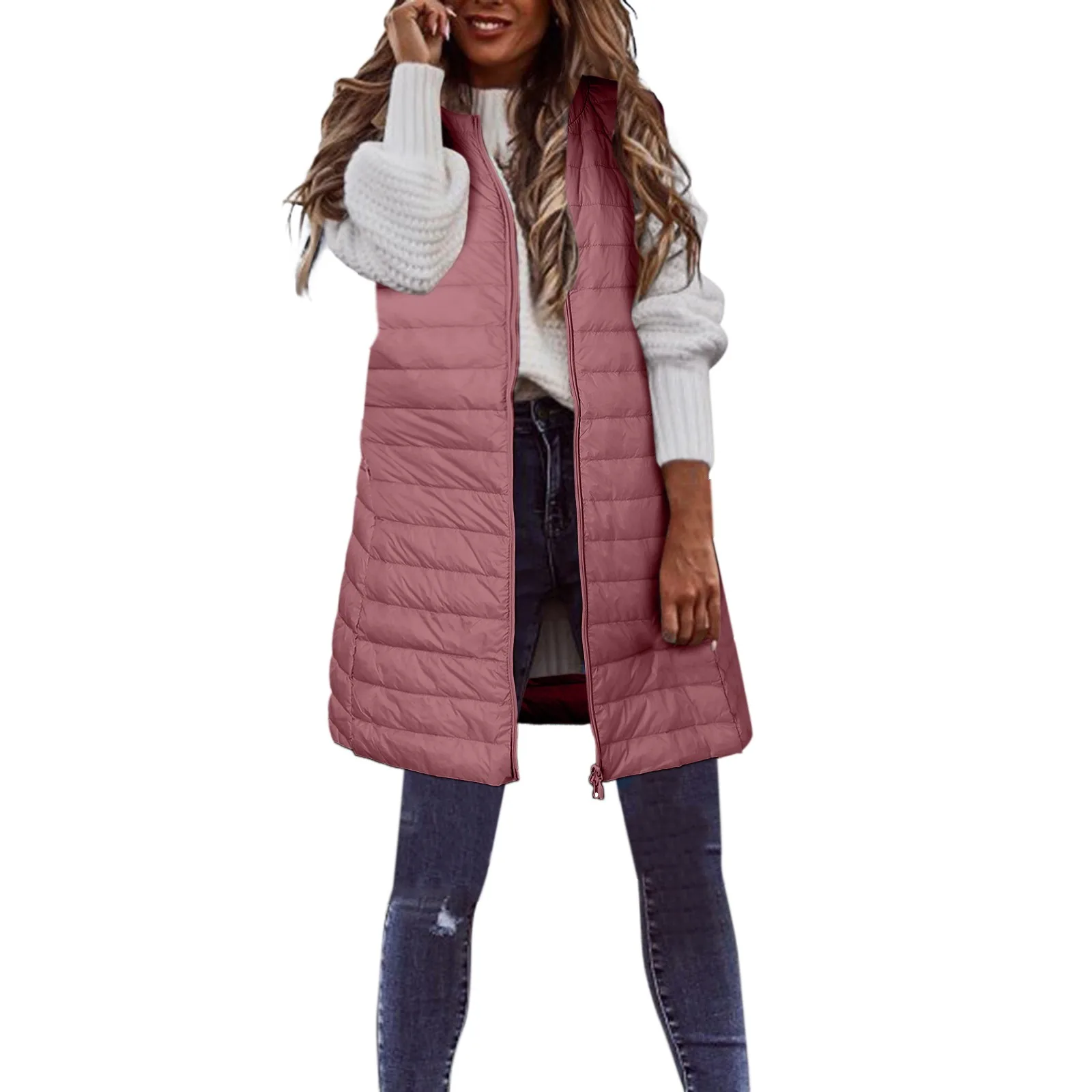 Women's Long Down Vest Winter Thin Light Down Coat Casual Slim Gilet Quilted Jacket Outdoor Winter Coat Vest Streetwear