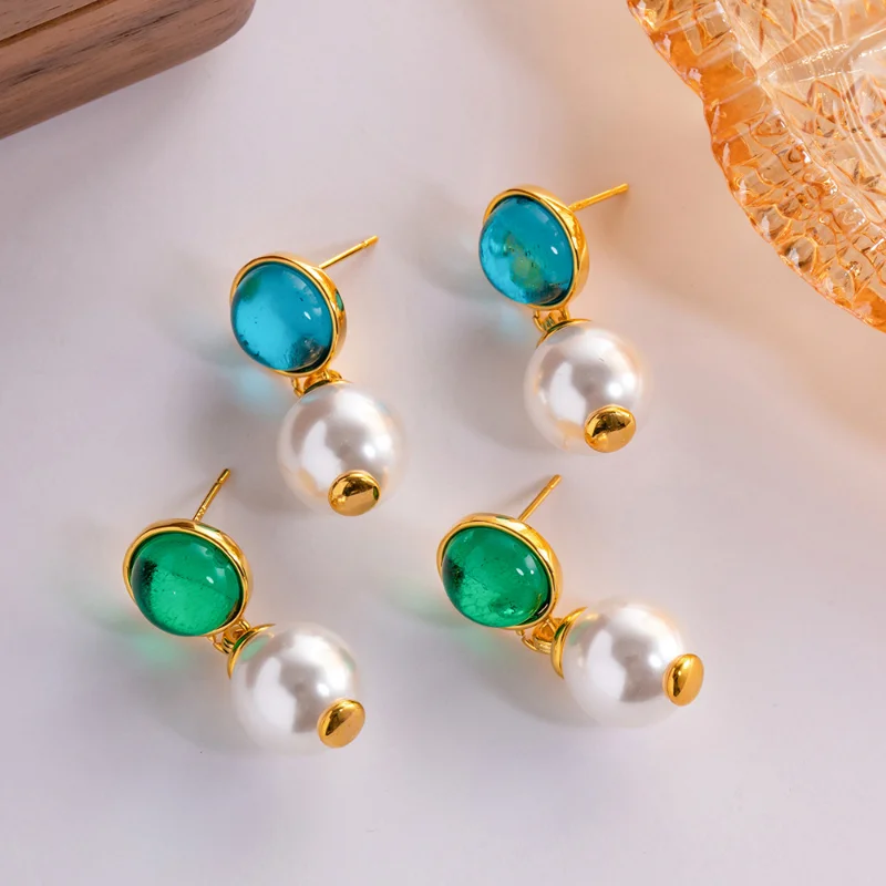 

Minar Unusual Simulated Pearl Dangle Earrings for Women 18K Gold Plated Stainless Steel Blue Green Color Resin Hanging Earring