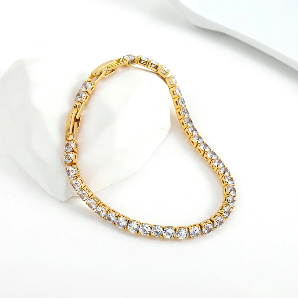 Luxury Round Crystal CZ Tennis Bracelet Bangle for Women Classic Stainless Steel Chain Bracelets Wedding Fashion Jewelry Gift