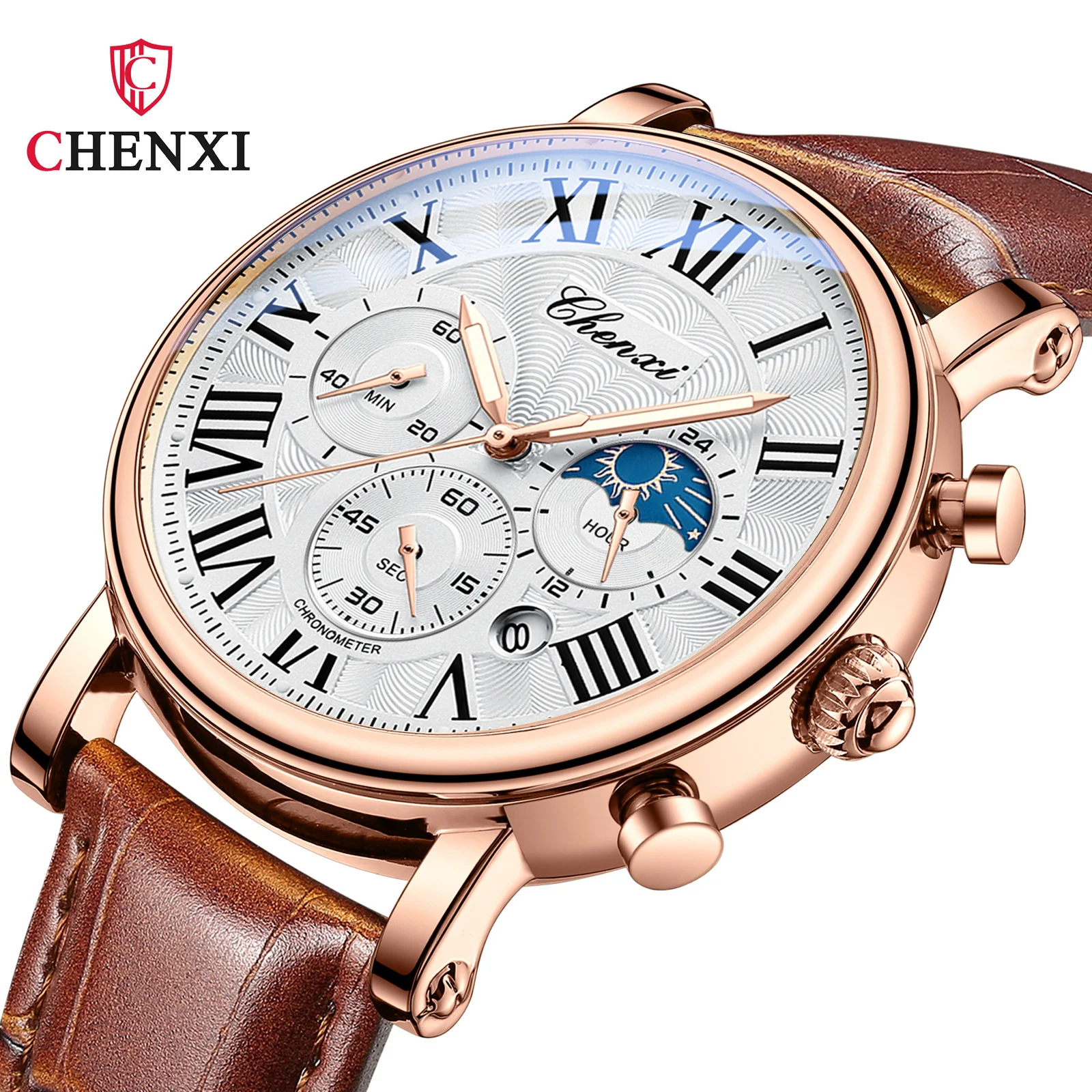 

CHENXI 973 Top Brand Luxury Business Men Moon Phase Date Waterproof Multifunction Male Wristwatch Dial Quartz Leather Watches