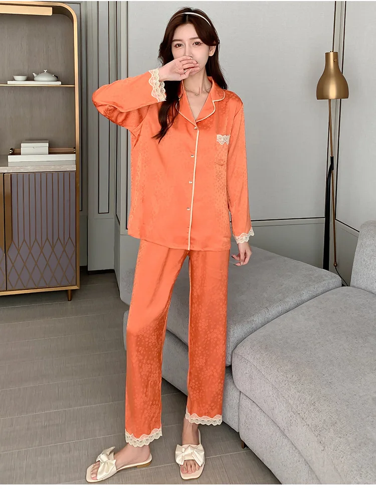 Spring Autumn Pajamas for Women Long Sleeve Loungewear Lace Pajama Sleepwear Suit Female 2 Pcs Set Pantsuits Home Wear Nightwear