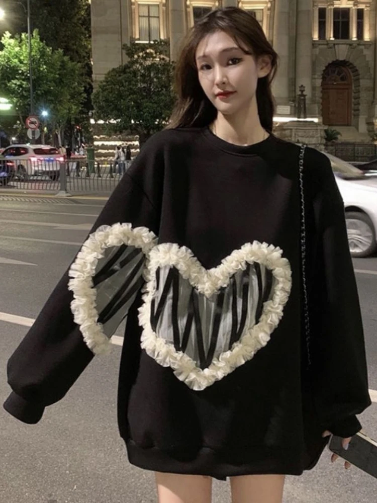 

Deeptown Korean Fashion Heart Mesh Lace Patchwork Sweatshirt Women Harajuku Gothic Oversized Hoodies Female Casual Pullover Tops