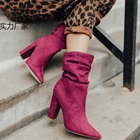 mid calf chunky womens boots suede high heels pointed toe fold ankle booties plus size 34 43 bota feminina shoes for women