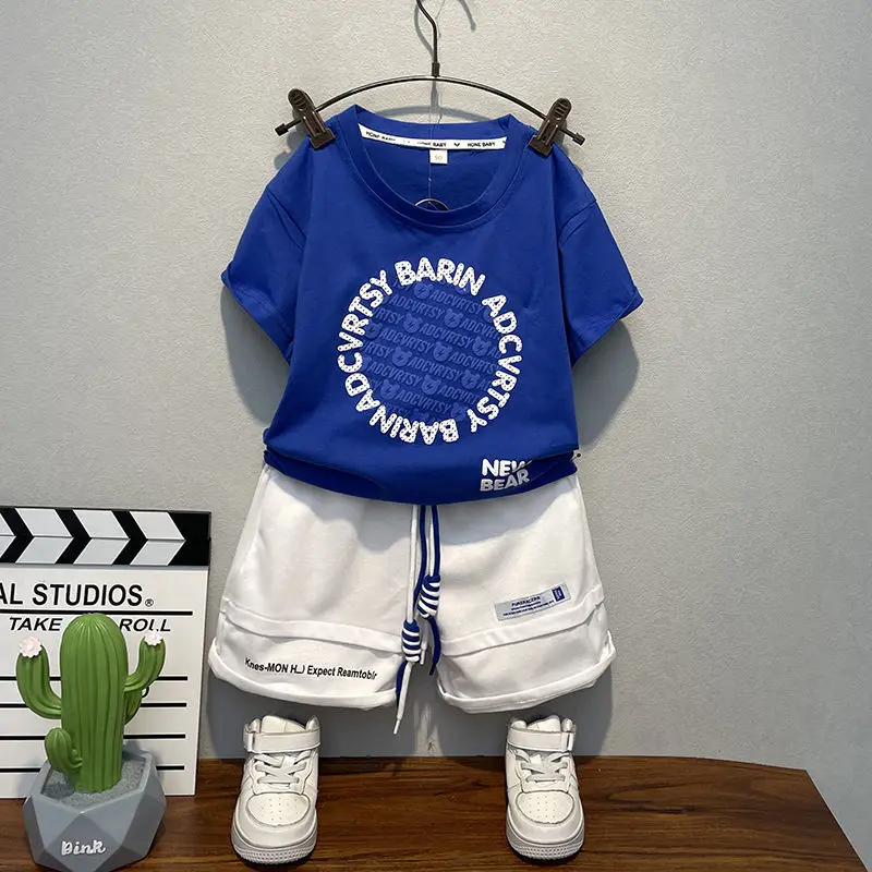 Boys Summer Suit 2022 New Foreign Handsome Baby Summer Fashionable Trendy Children's Short-Sleeved Clothes