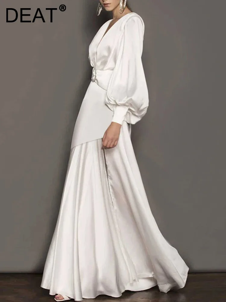 Женское платье с V-образным вырезом длинным рукавом-фонариком