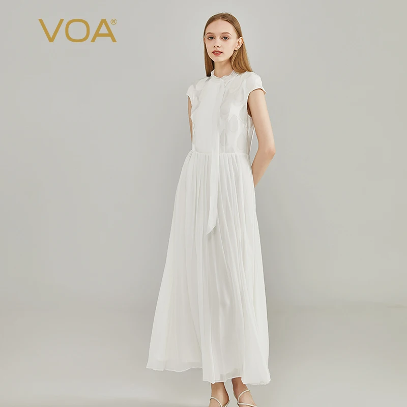 

VOA Silk Jacquard 34 Momme Milk White Ribbon Collar One Button Dresses Three Layer Georgette Patch Elegant Summer Dress AE2215