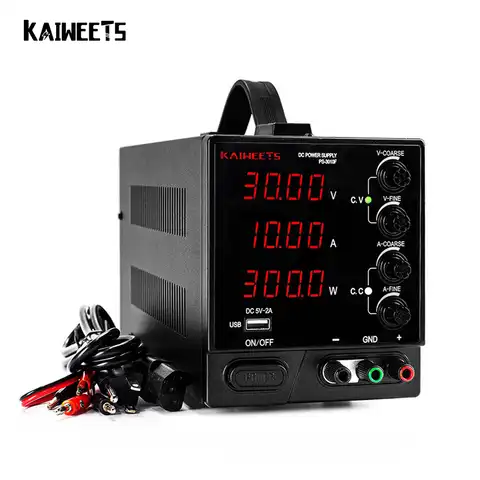Блок питания постоянного тока 30 в 10 А, KAIWEETS 4-значный большой дисплей Регулируемый Импульсный регулируемый источник питания с USB-интерфейсом