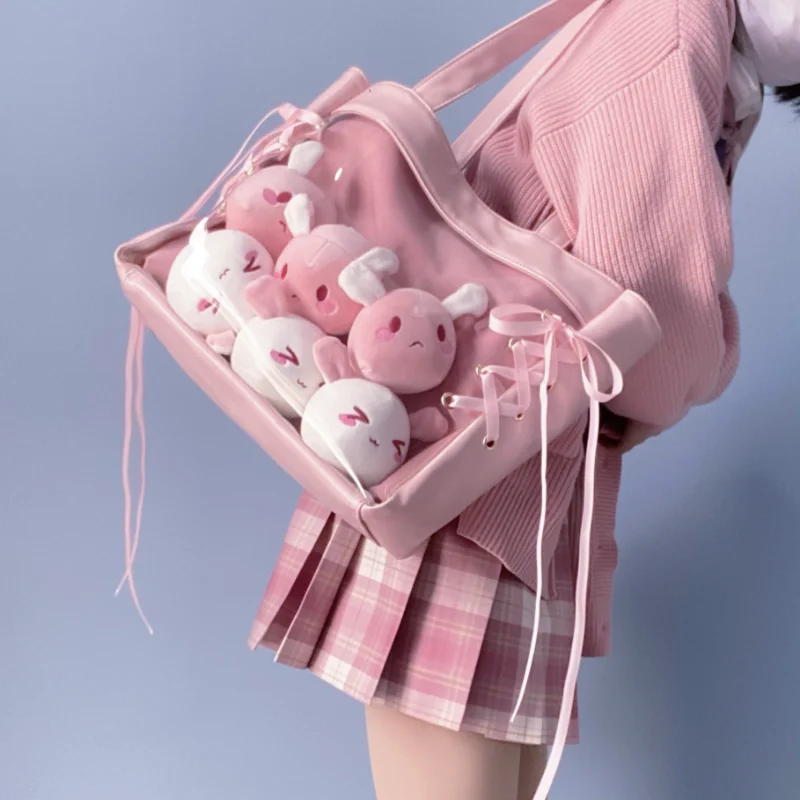 

Japnese New Fashion Ita Bags Sweet See Through Lolita Handbags Women JK Uniform Shoulder Bags Bandage Design Bolso Mujer