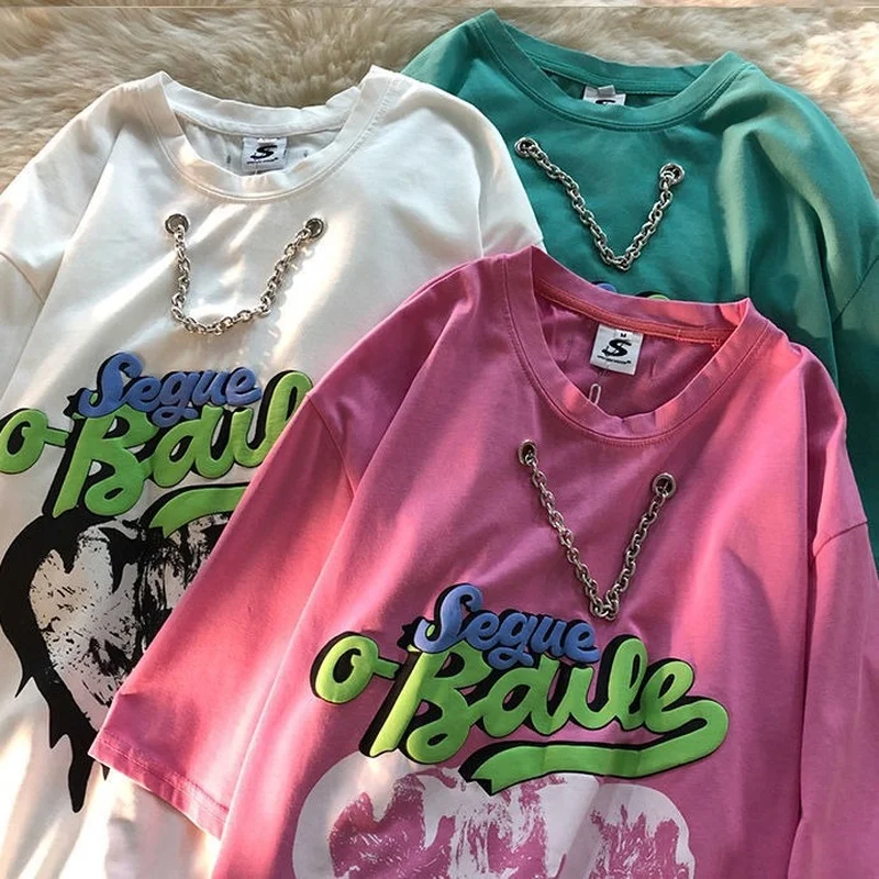 

2022 New Fashion Hip-hop Letters Women's Graphic T-shirt Streetwear Chain Tie-Dye O-Neck Top Casual Loose T-shirt Short Sleeve