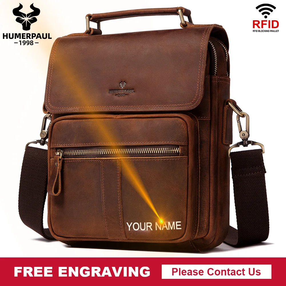 Free engraving Genuine Leather Men Shoulder Bag Business Hand Bag Fashion Messenger Bag Male Crossbody Bag With Detachable Strap