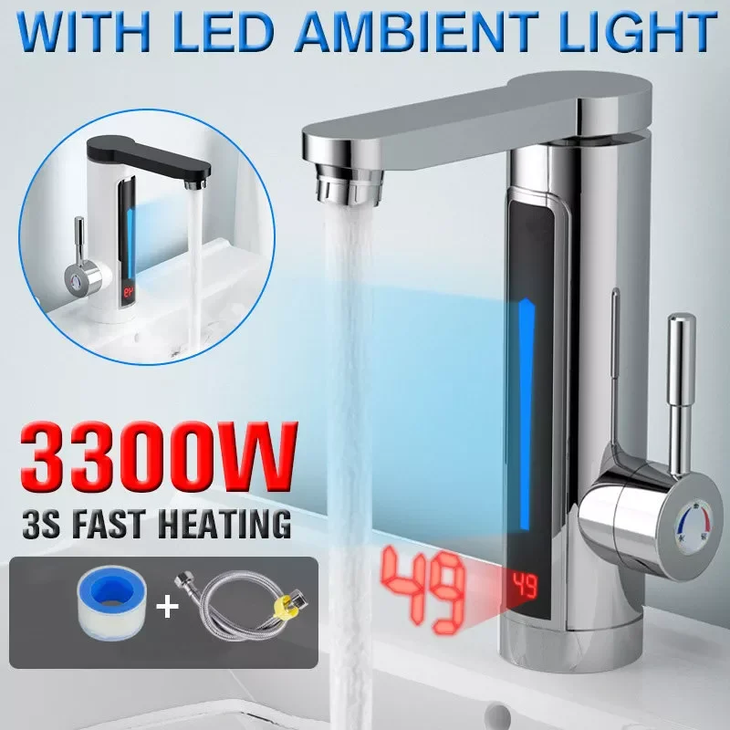 

3300W Electric Instant Water Heater Faucet Tap LED Ambient Light Temperature Display Bathroom Kitchen Instant Heating Tap